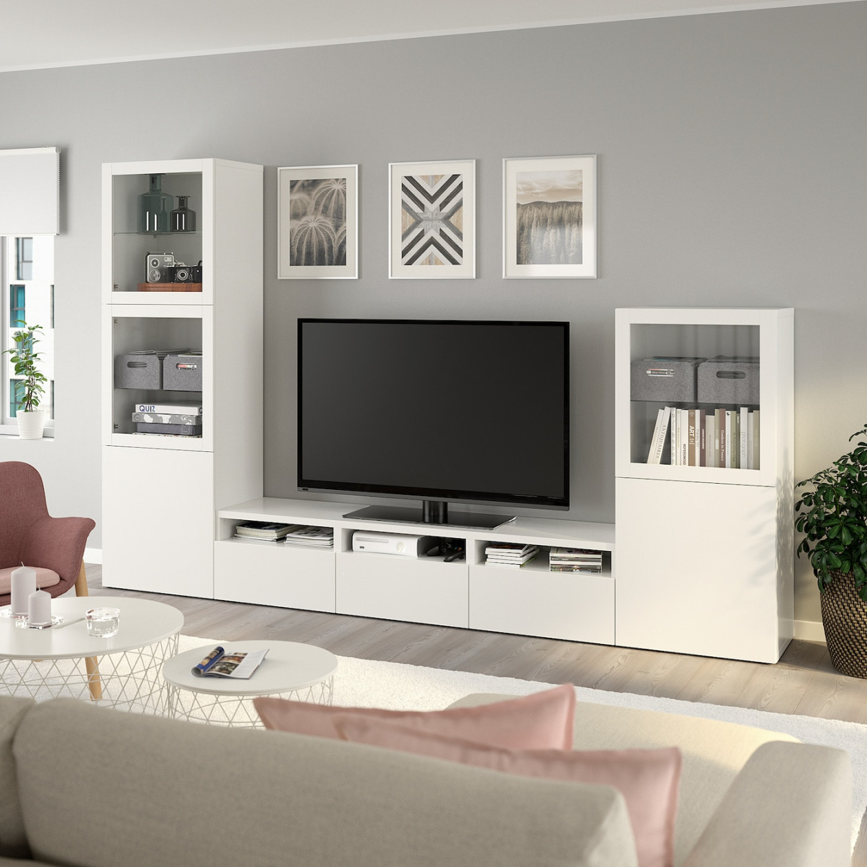 BESTÅ TV storage combination/glass doors - white/Lappviken white clear  glass xx cm