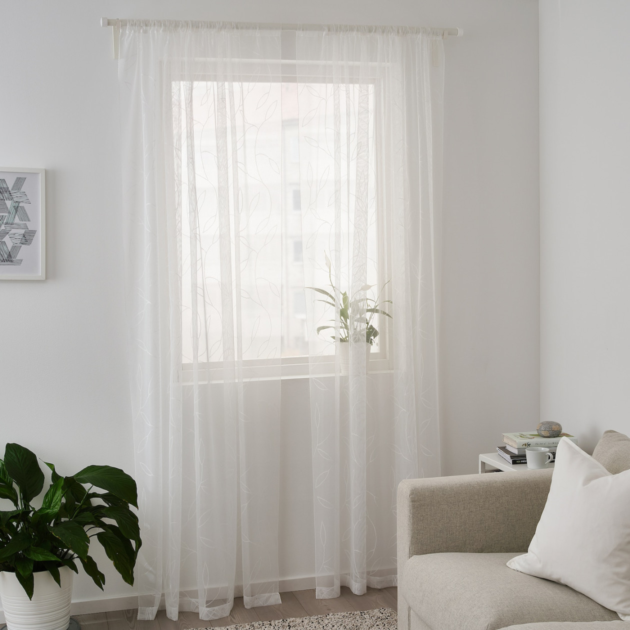 LILLEGERD Sheer curtains,  pair - white leaves 45x cm